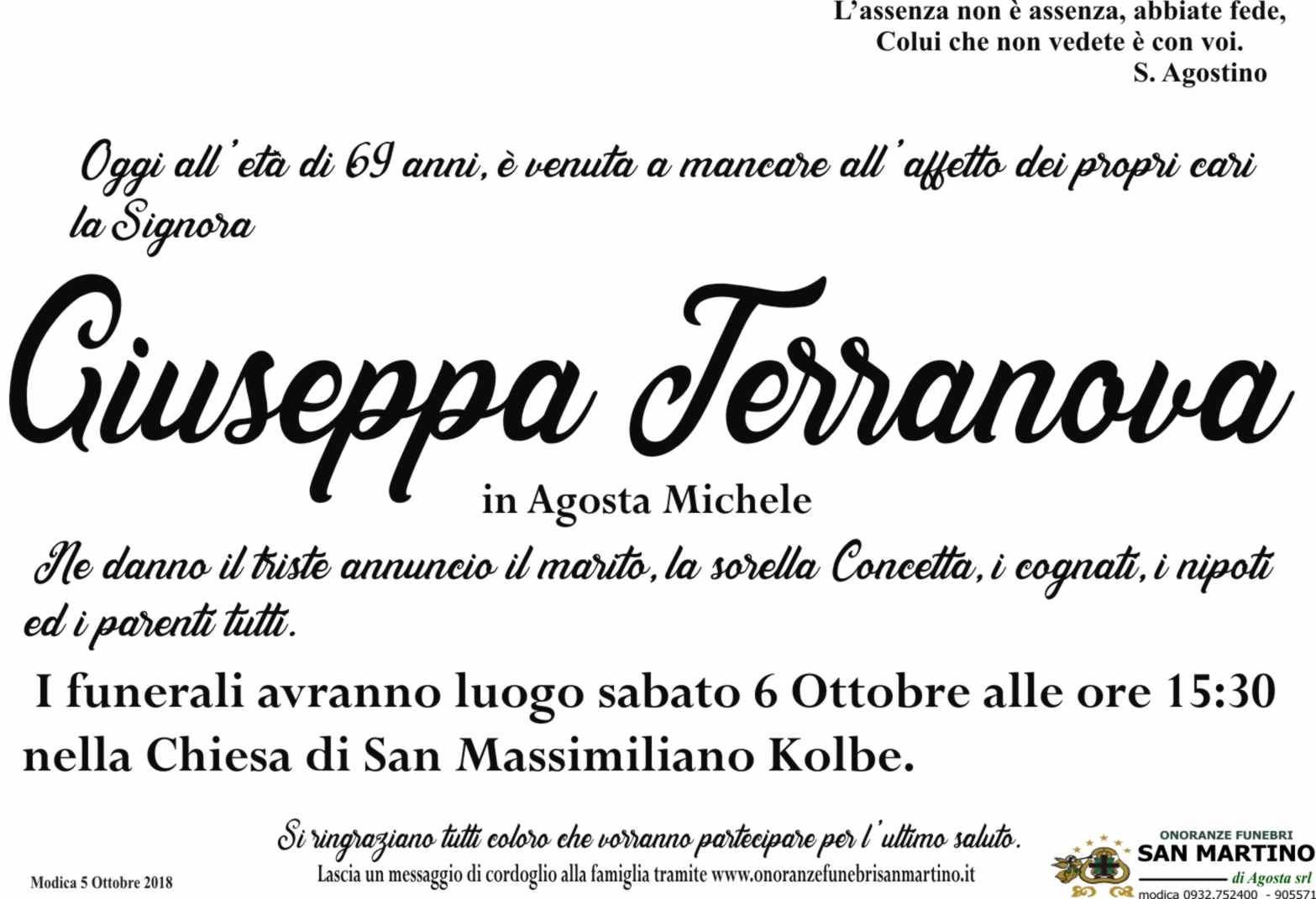 necrologio Giuseppa Terranova