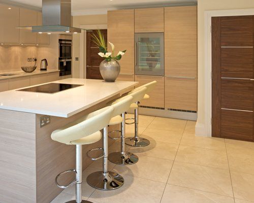 A bright modern kitchen in a luxury new house carefully designed by an interior designer