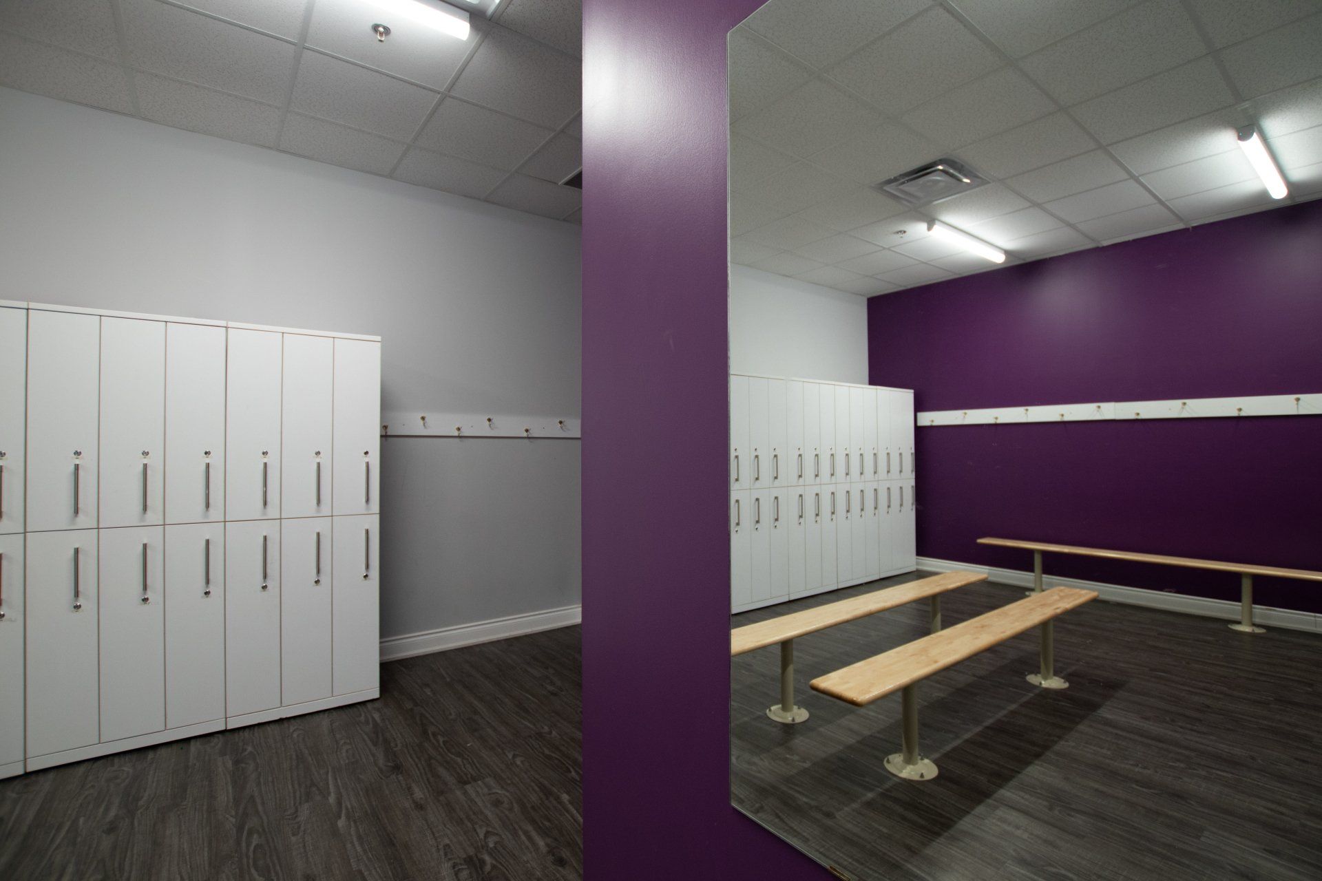 Locker room with white lockers, purple walls, and wooden benches under fluorescent lights.