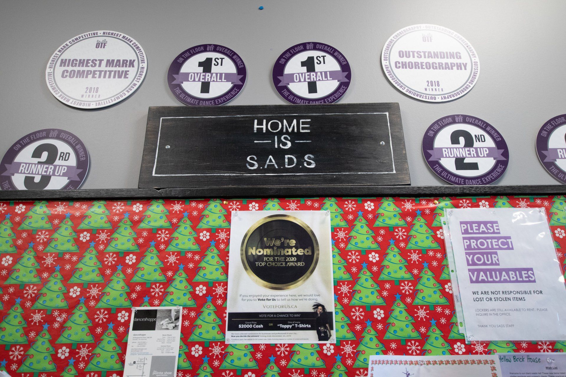 Decorated bulletin board with “Home of the S.A.D.S.” sign, award medallions, and red-green holiday-patterned background