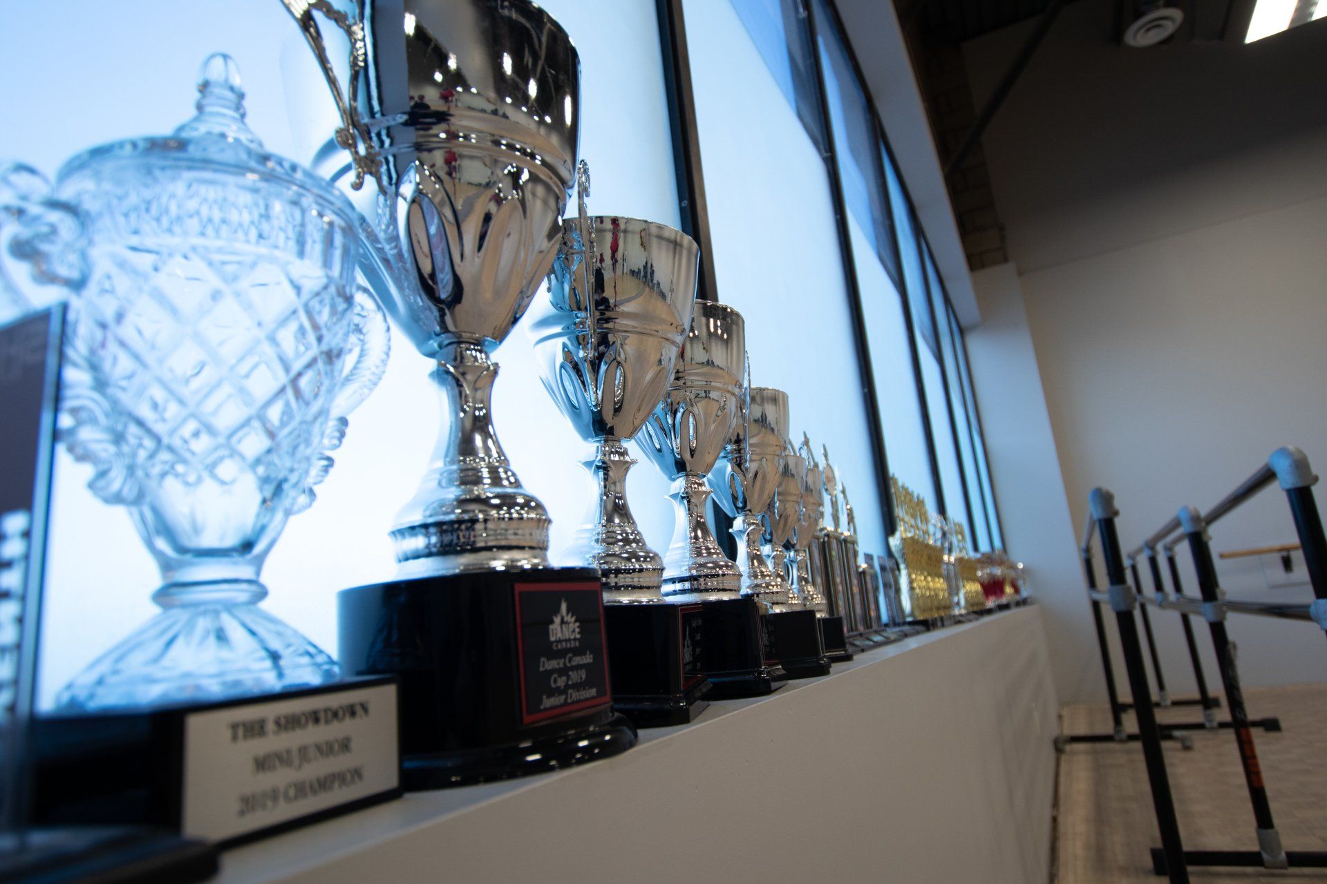 Row of silver trophies on a windowsill in a bright hallway