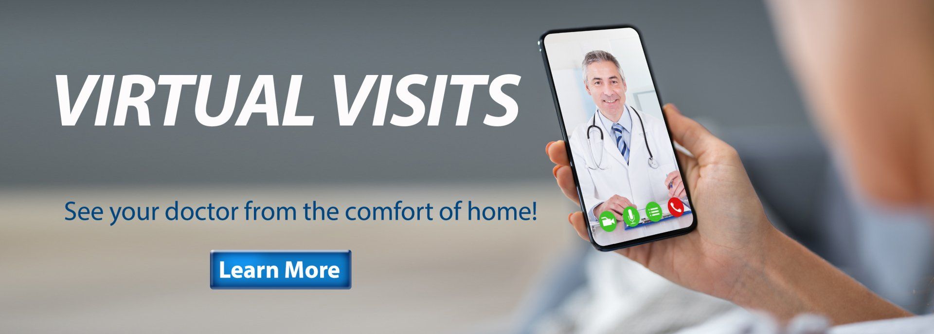 Advertisement for virtual doctor visits: hand holding smartphone showing a doctor. 