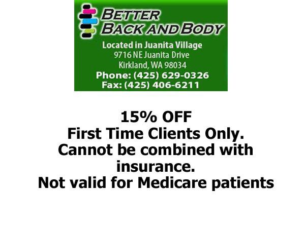 A better back and body advertisement that says 15 % off first time clients only