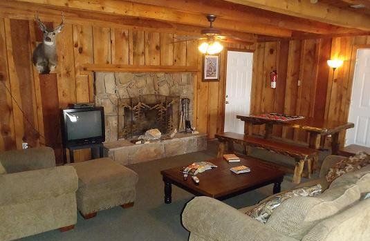A living room with a fireplace and a television