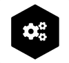 A black hexagon with three white gears inside of it.