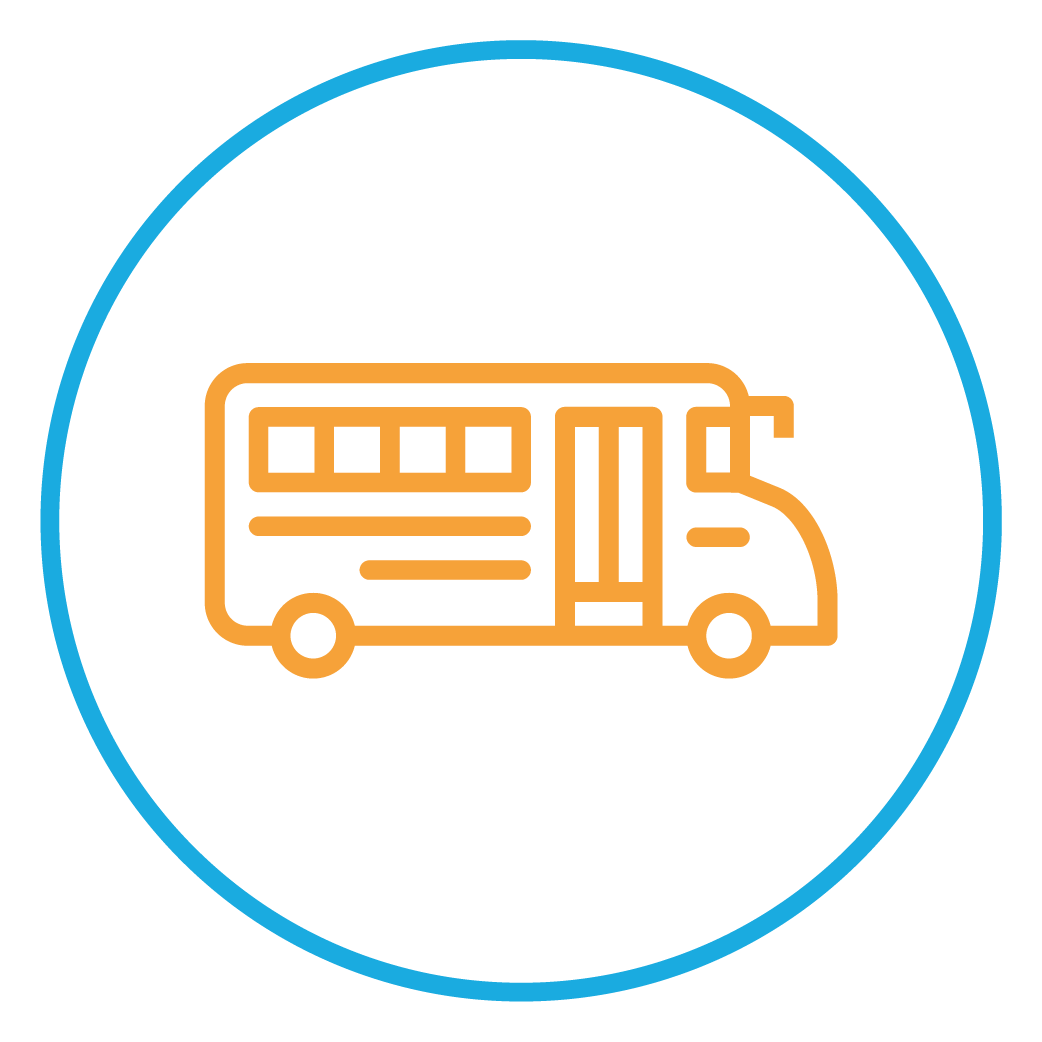 A bus icon in a blue circle on a white background.
