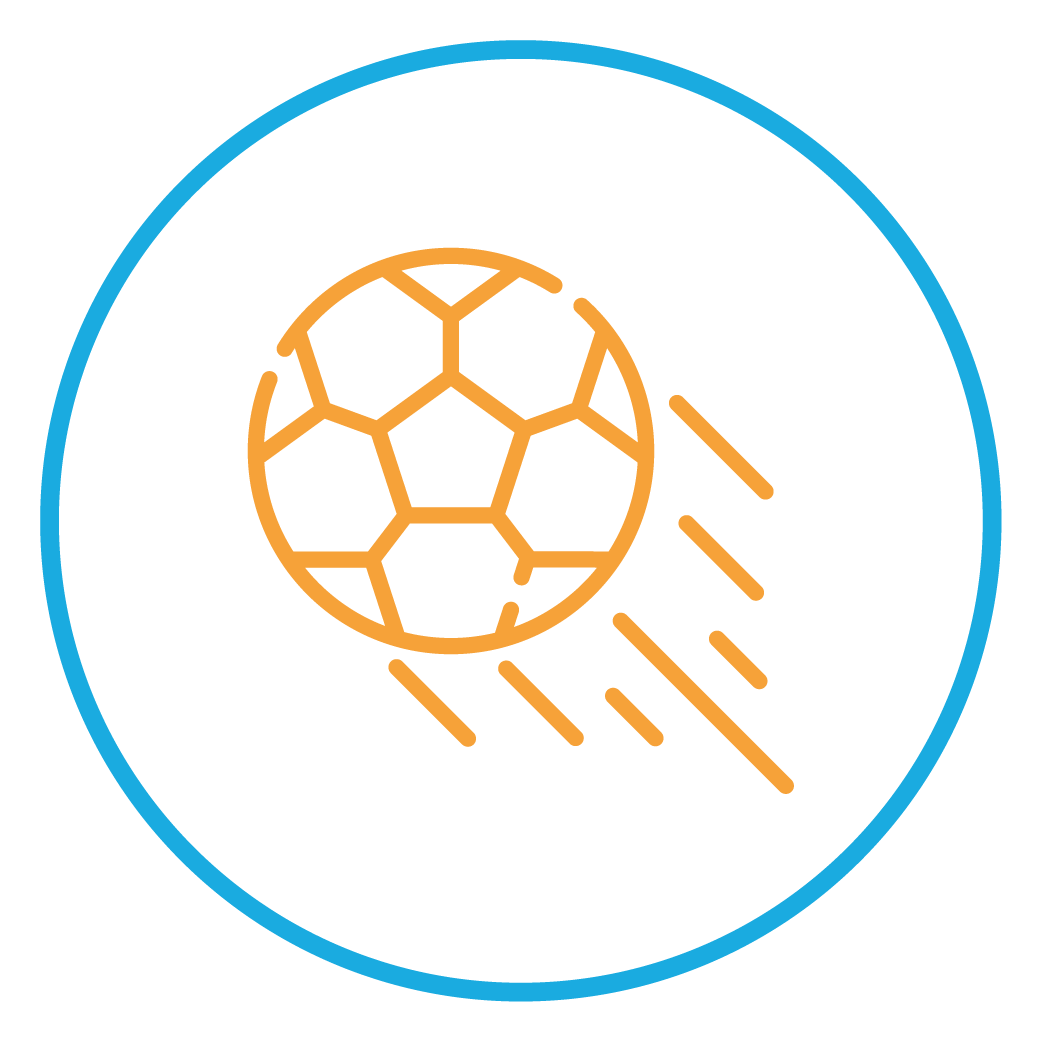 A soccer ball is flying through the air in a blue circle.