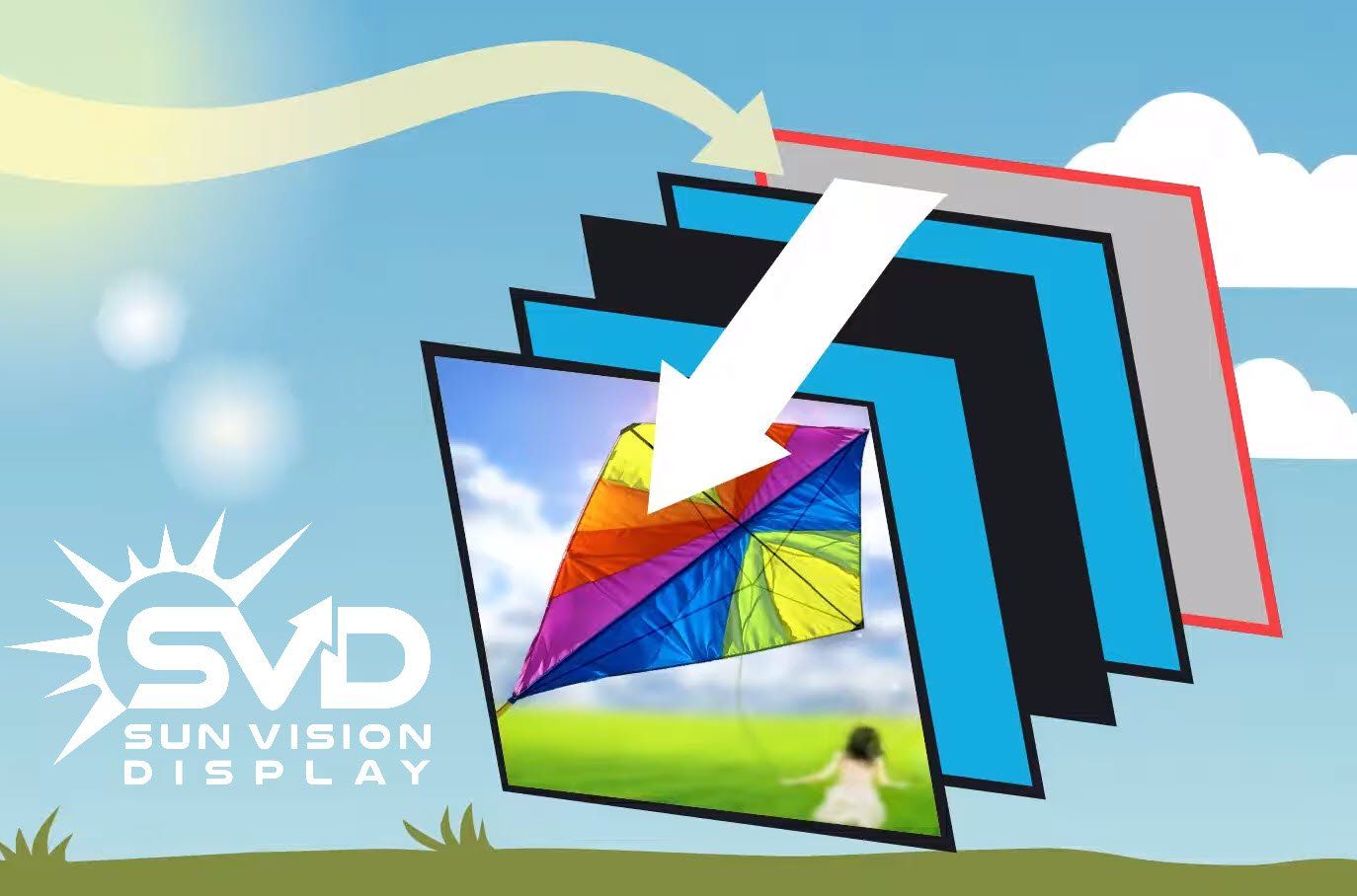 An advertisement for svd sun vision display with a picture of a kite
