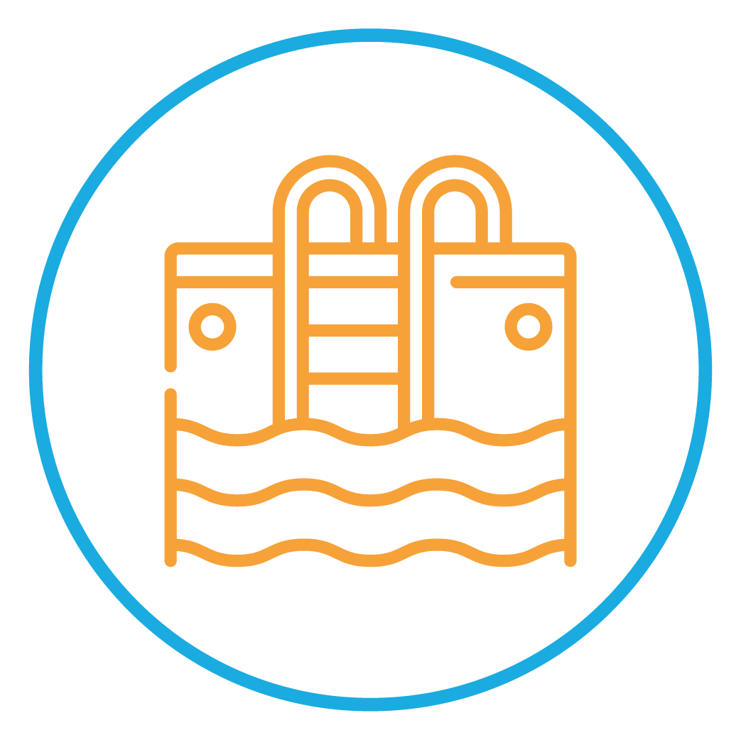 An icon of a swimming pool with stairs in the water.