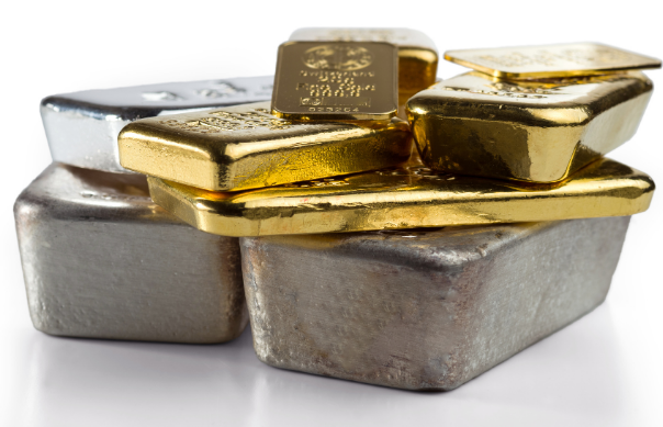 Stacked gold and silver bars on a white background