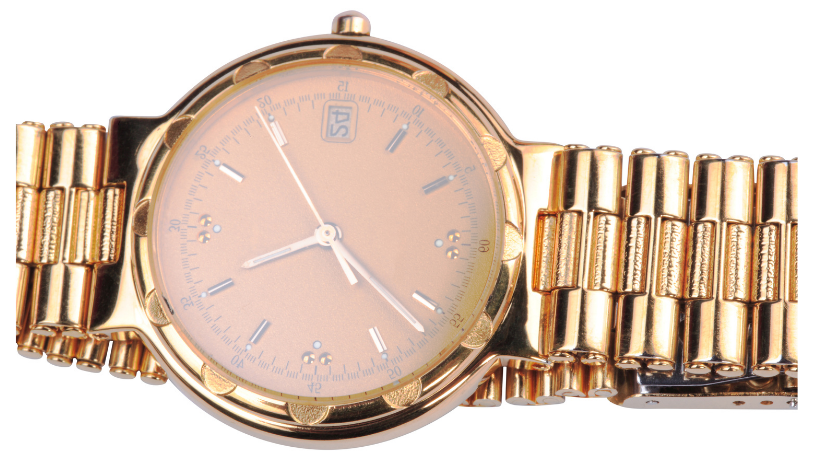 Gold wristwatch with pink dial and linked bracelet on a white background