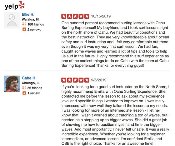 A screenshot of a yelp review for a surfing instructor.