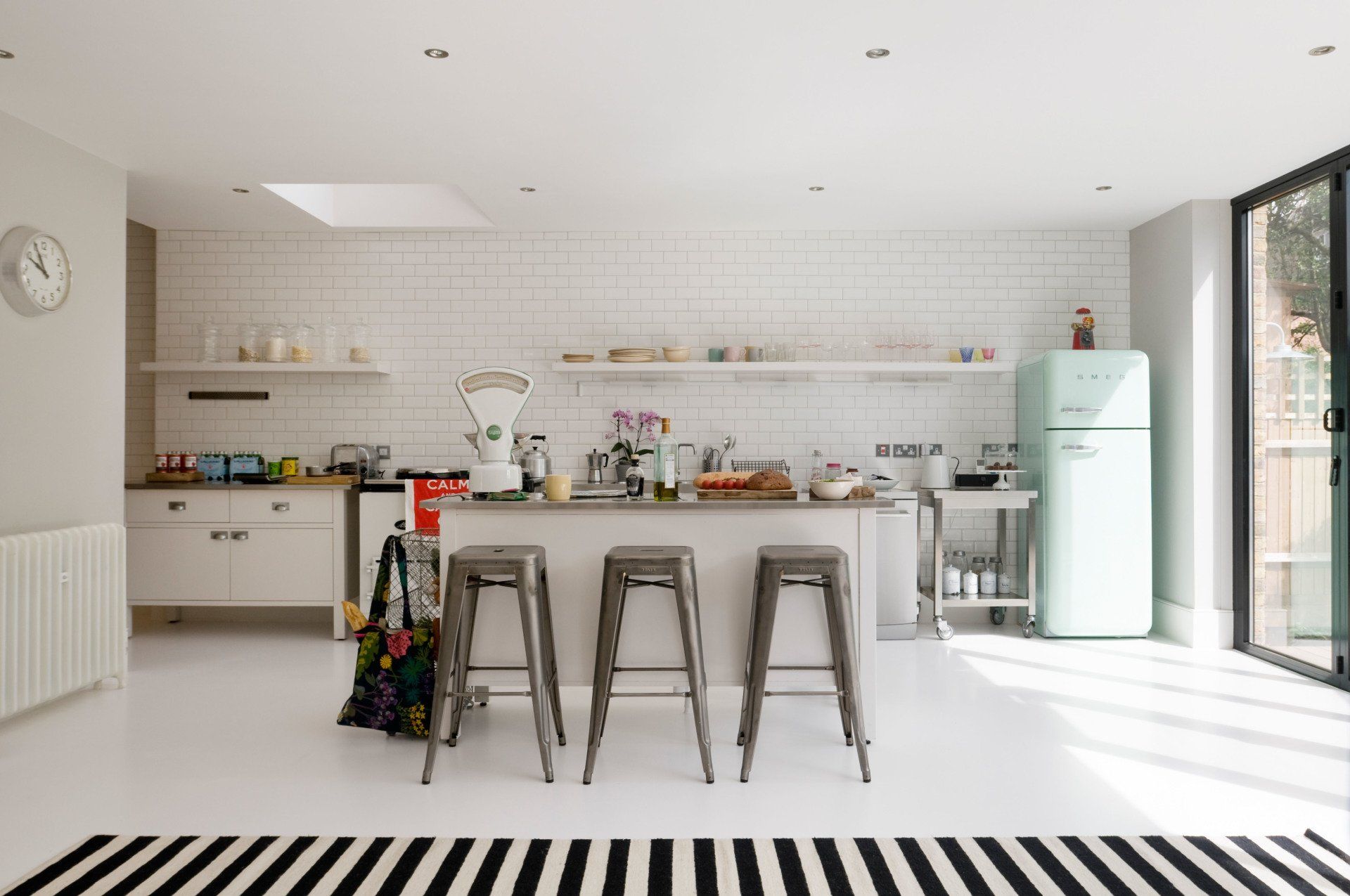 White resin floors in kitchen