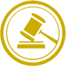 Joanna Cobleigh, Esq. Gold gavel inside a gold circle.