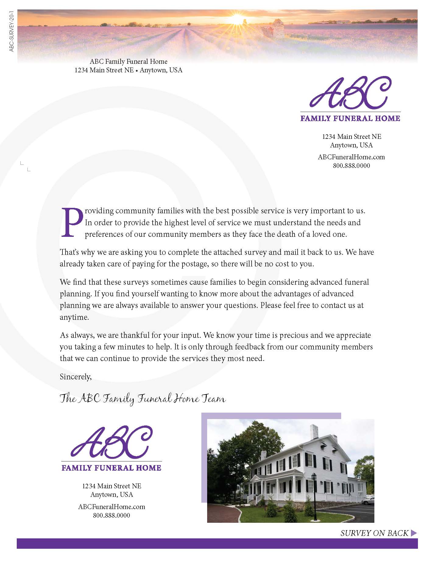 A purple and white brochure with a picture of a house on it.
