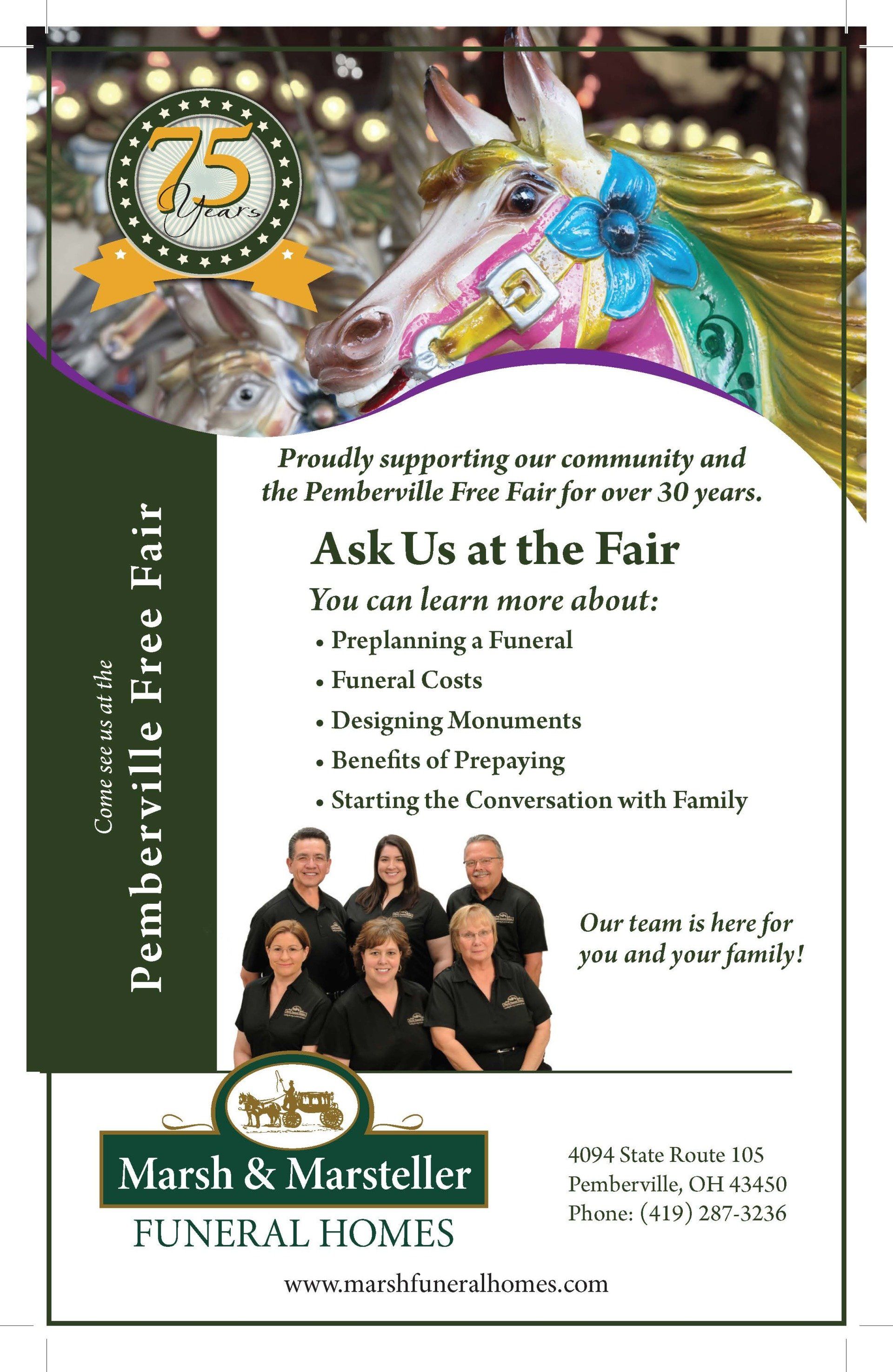An advertisement for marsh & marstaller funeral homes asking people to ask us at the fair.