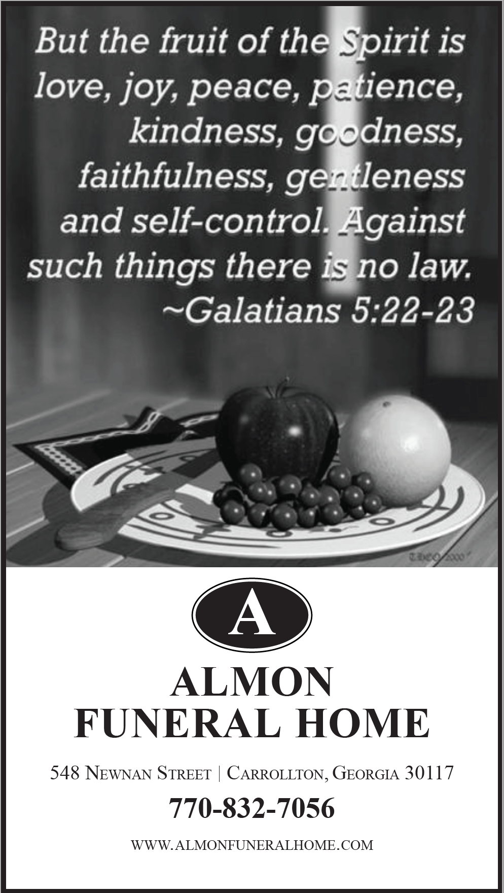 An advertisement for almon funeral home with a bible verse