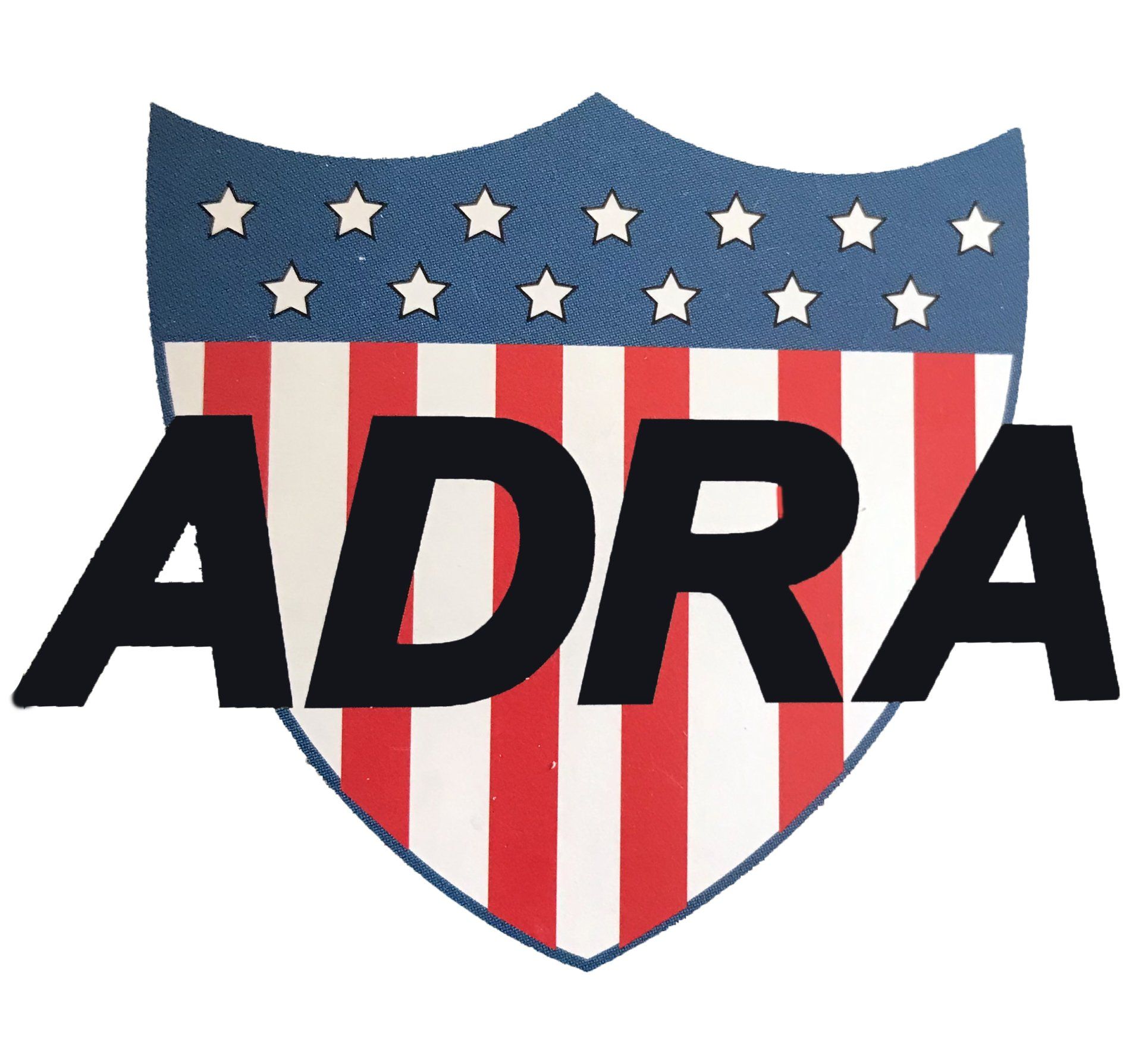 A red white and blue shield with the word adra on it