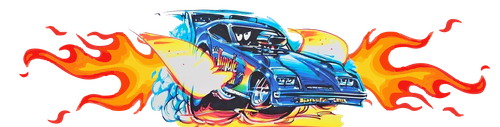 A blue car is surrounded by flames on a white background.
