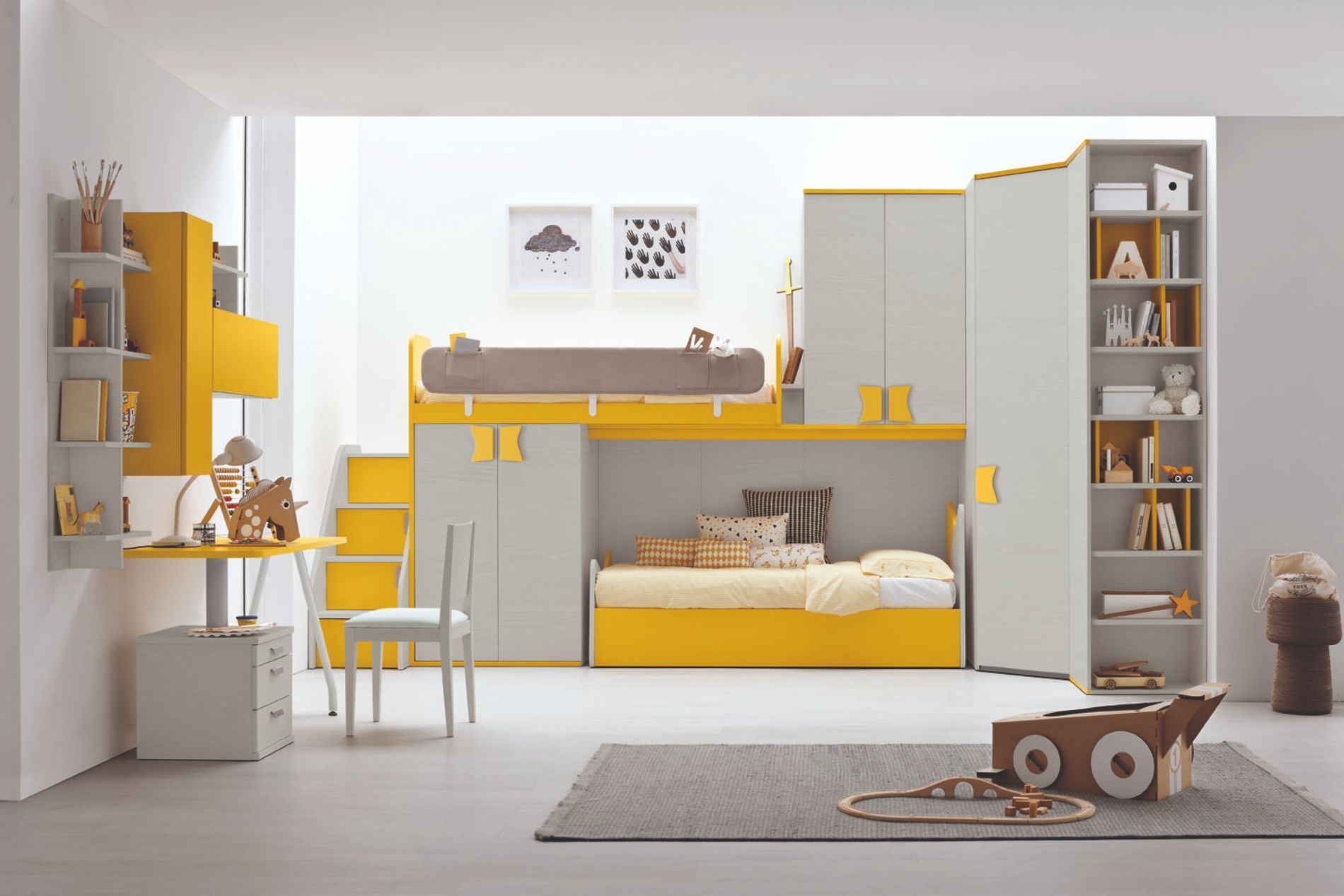 cameretta con letto a castello in grigio e giallo