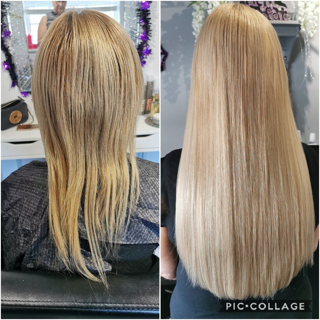 A before and after photo of a woman 's hair extensions.