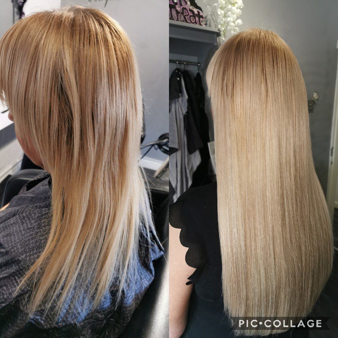 A before and after photo of a woman 's hair
