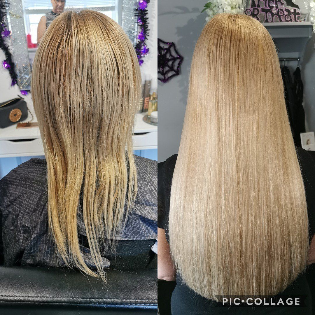 A before and after photo of a woman 's hair extensions.