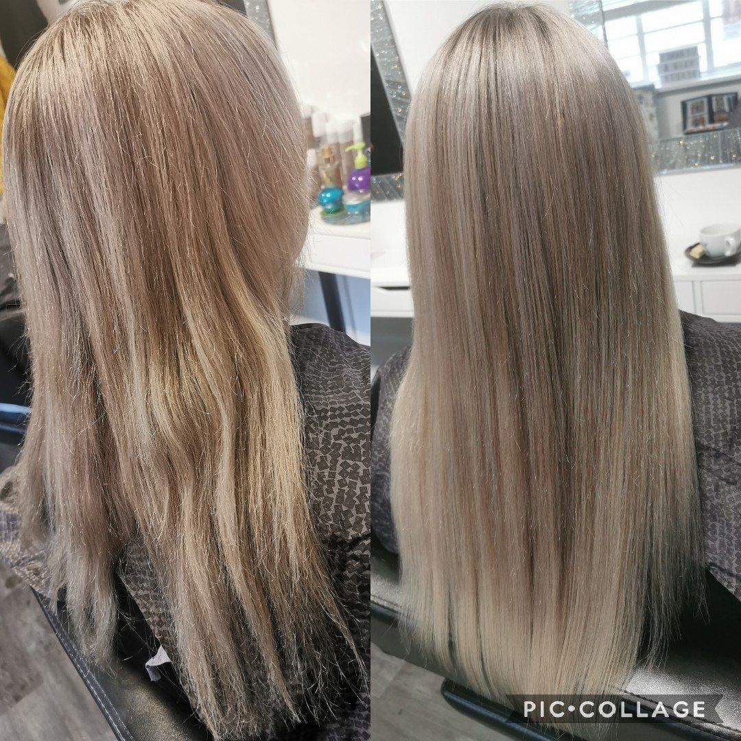 A before and after photo of a woman 's hair.