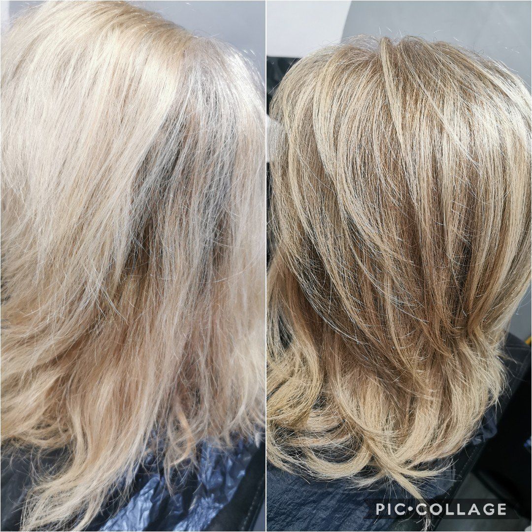 A before and after photo of a woman 's blonde hair.