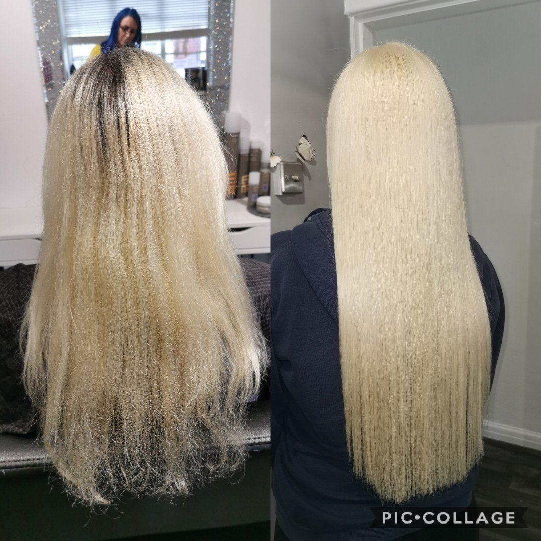 A before and after photo of a woman 's blonde hair.