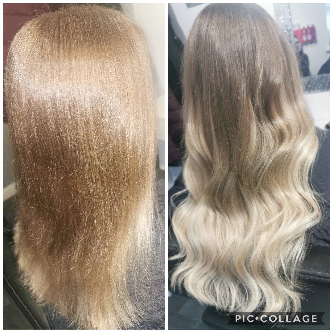 A before and after photo of a woman 's hair.