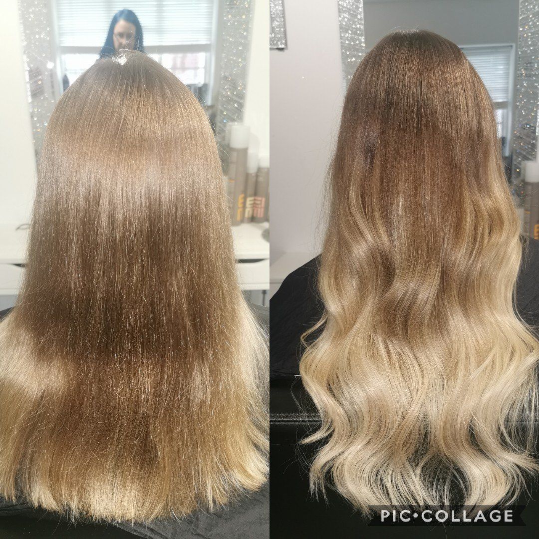 A before and after photo of a woman 's hair.