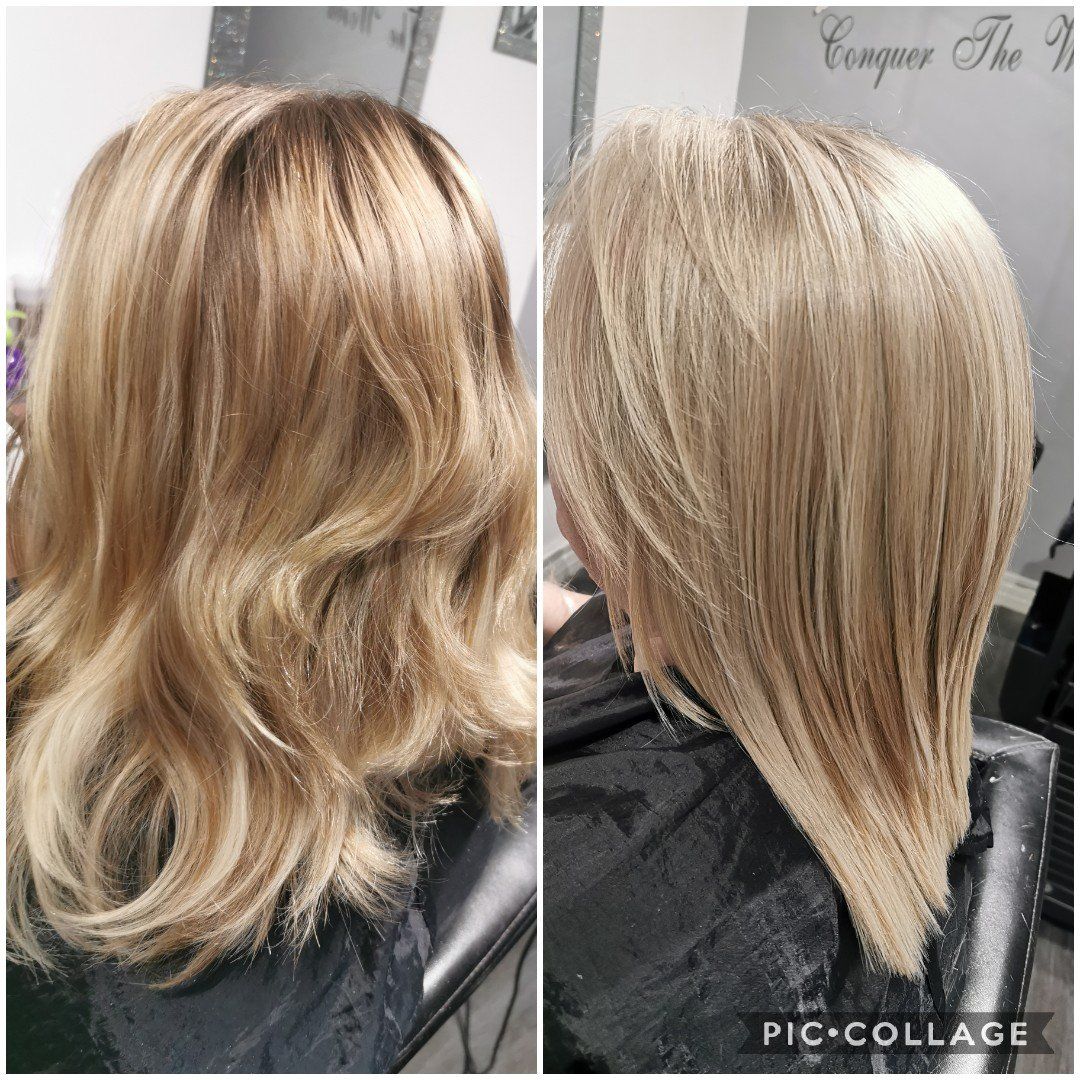 A before and after photo of a woman 's blonde hair.