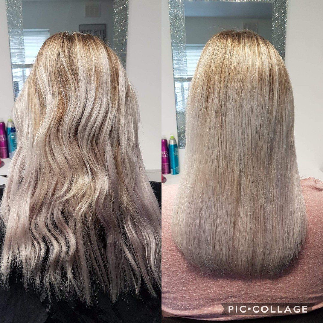 A before and after photo of a woman 's hair