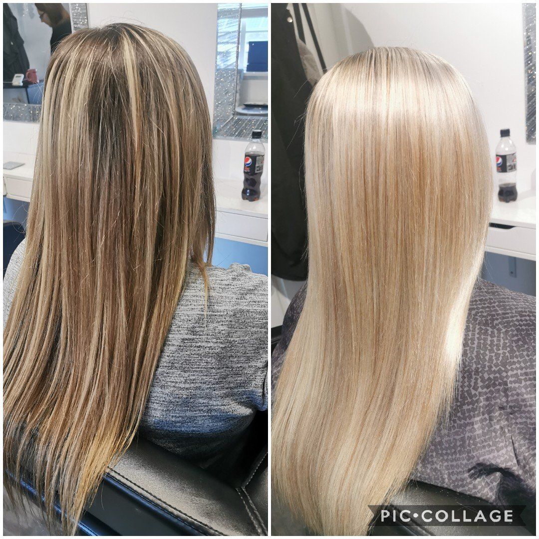 A before and after photo of a woman 's hair