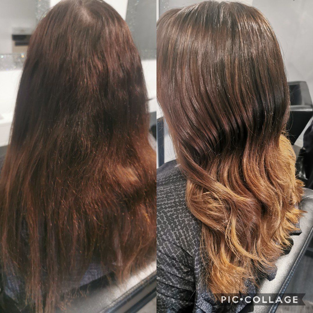 A before and after photo of a woman 's hair
