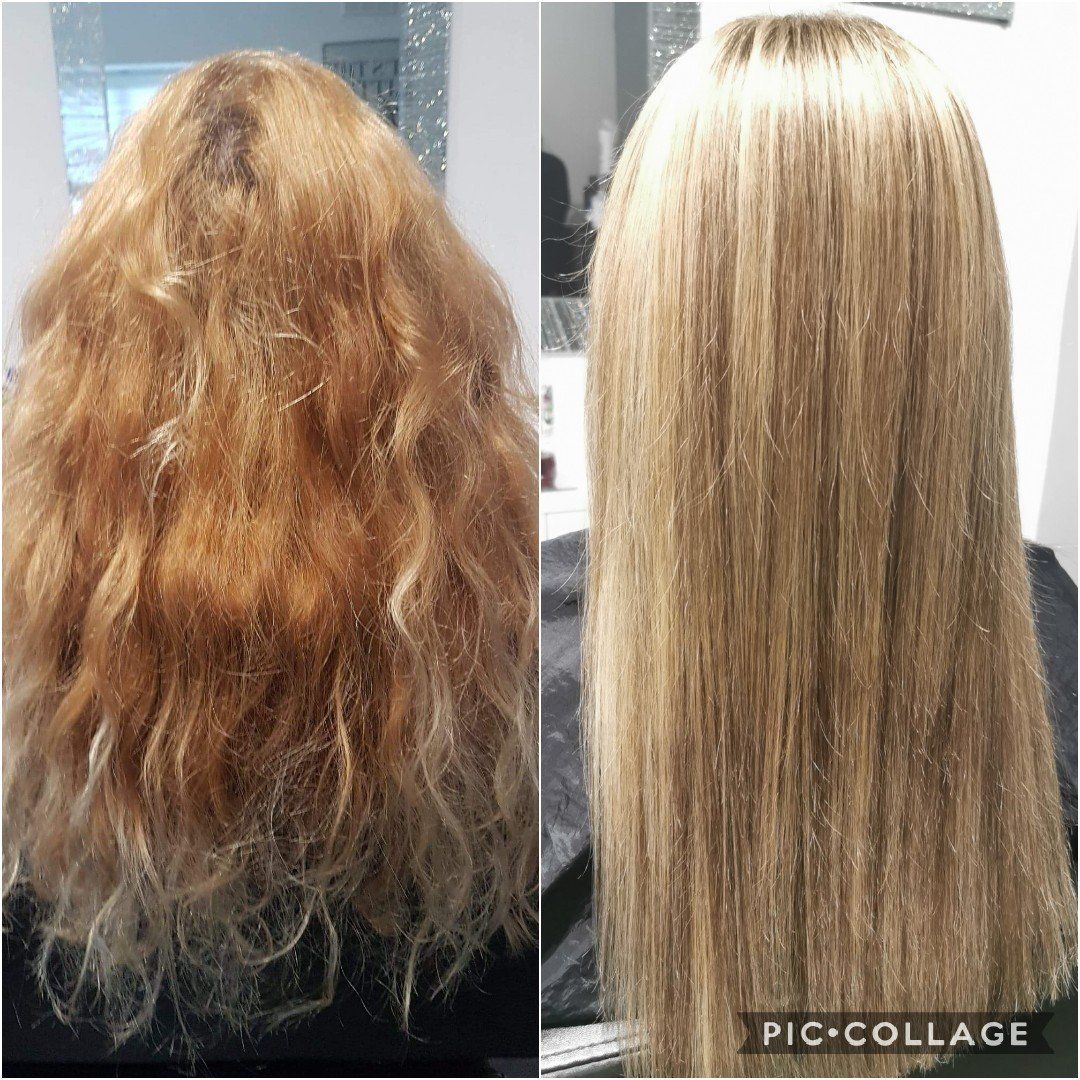 A before and after photo of a woman 's hair.