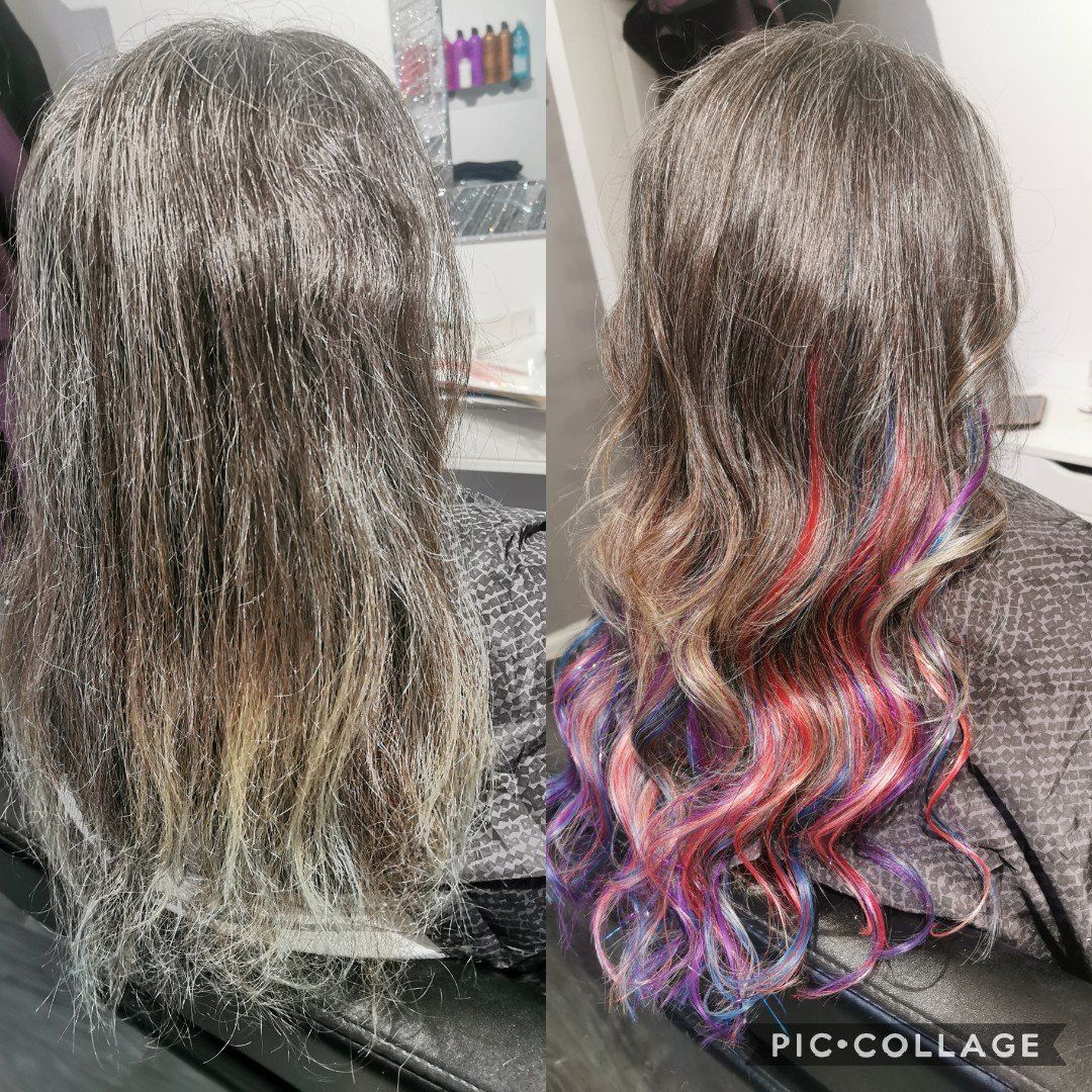 A before and after photo of a woman 's hair.