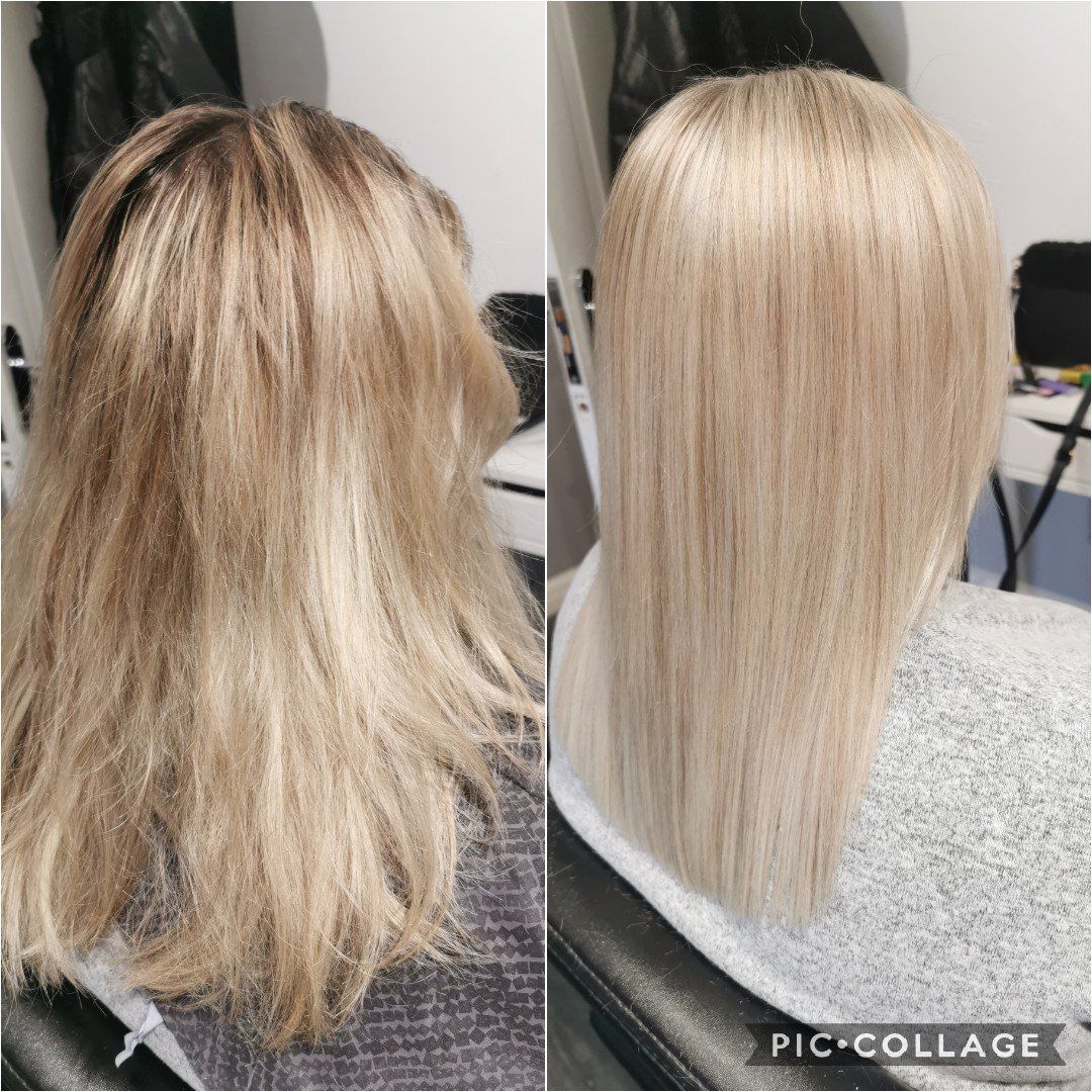 A before and after photo of a woman 's blonde hair.