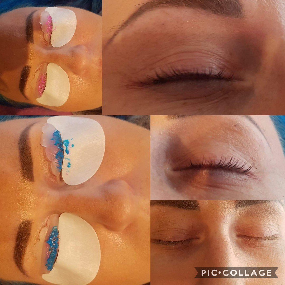 A collage of four pictures of a woman 's face with her eyes closed