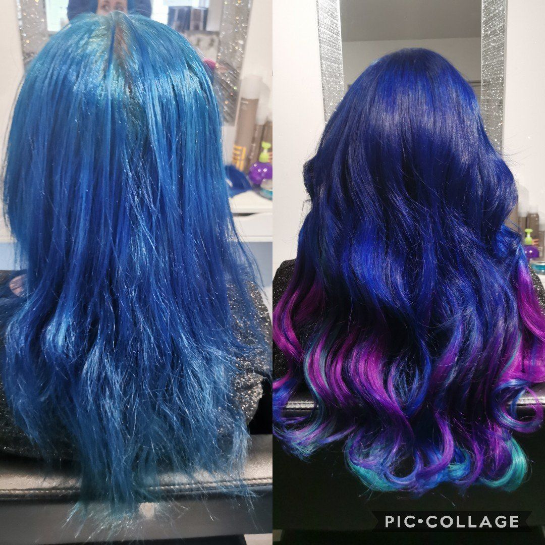 A before and after photo of a woman 's blue and purple hair.