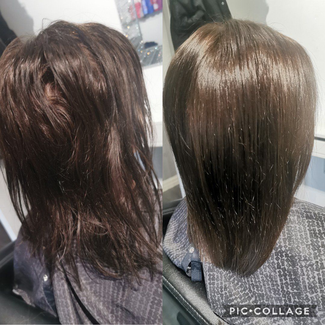 A before and after photo of a woman 's hair