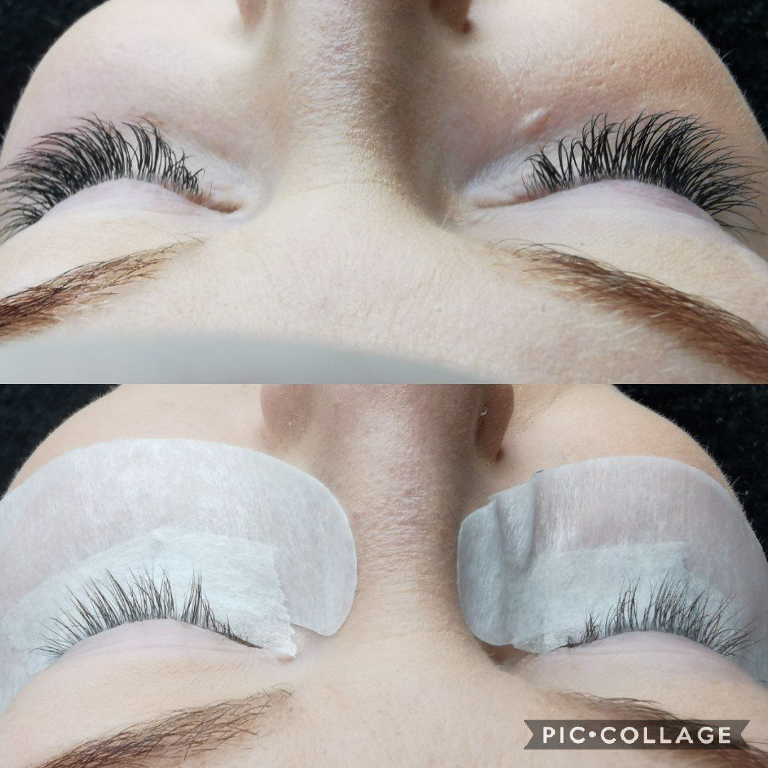 A before and after picture of a woman 's eyelashes