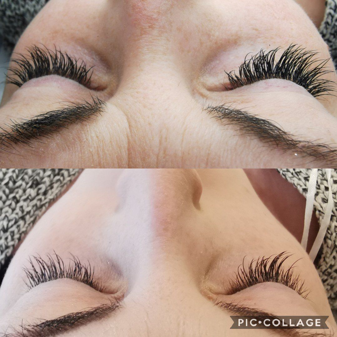 A before and after photo of a woman 's eyelashes