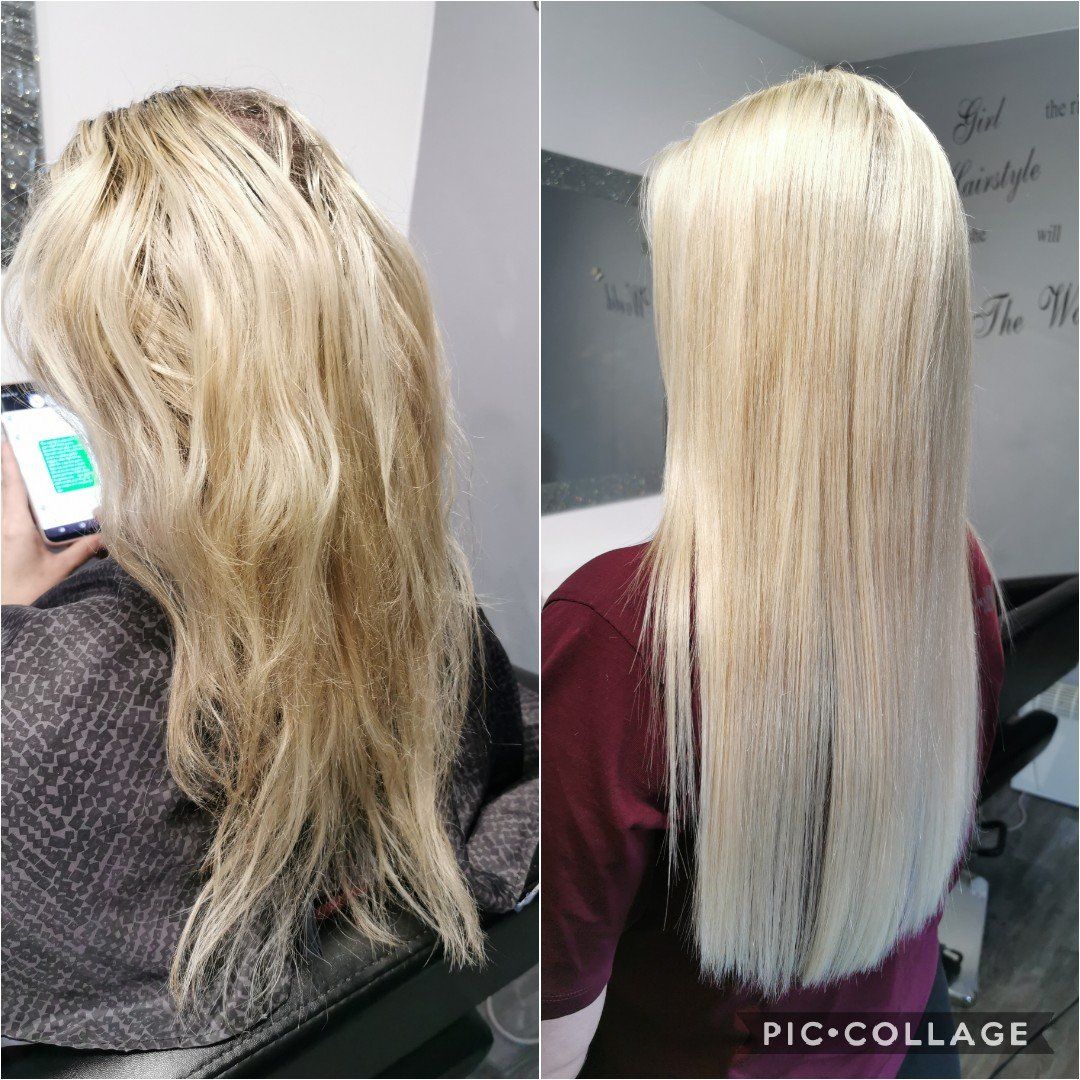 A before and after photo of a woman 's blonde hair.