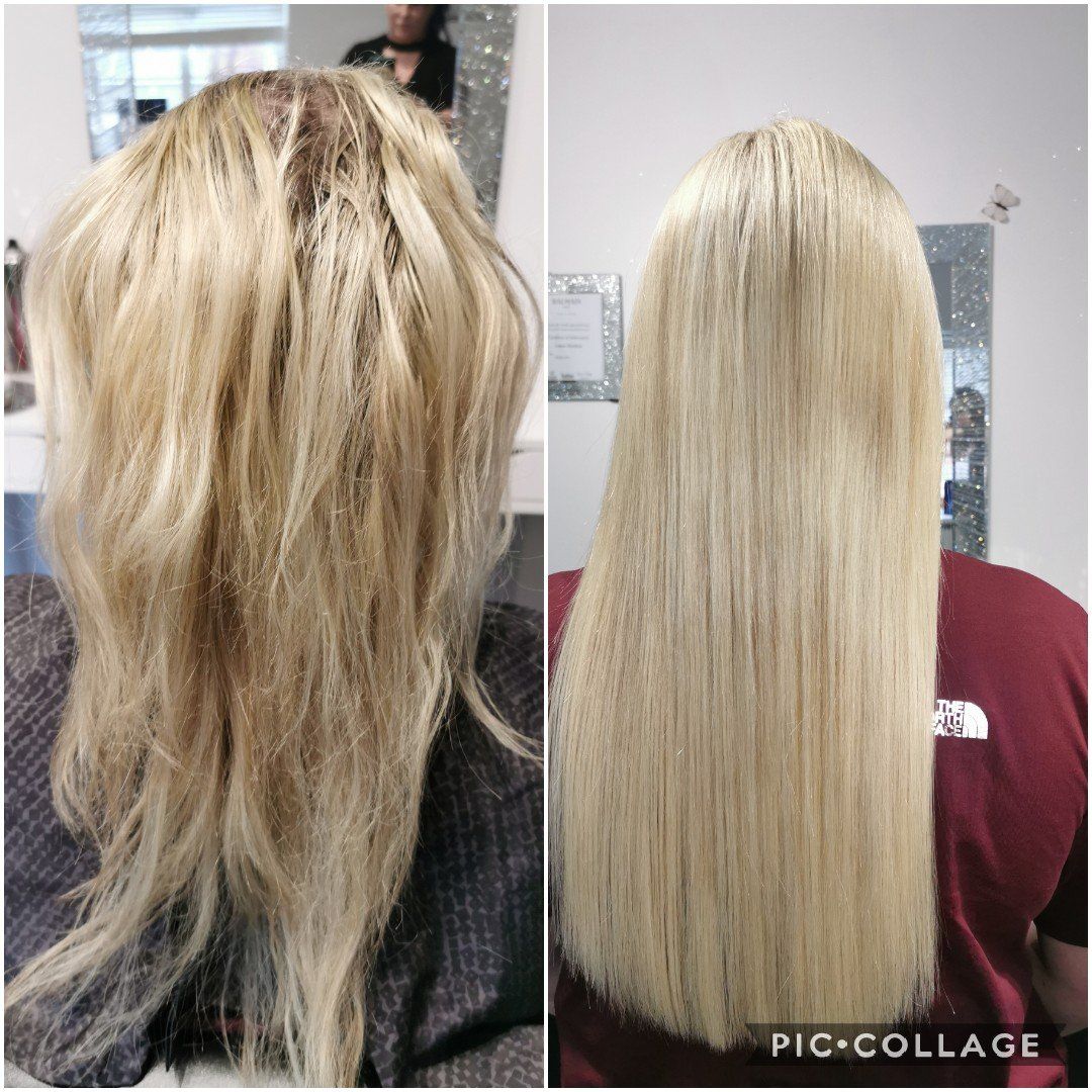 A before and after photo of a woman 's blonde hair.