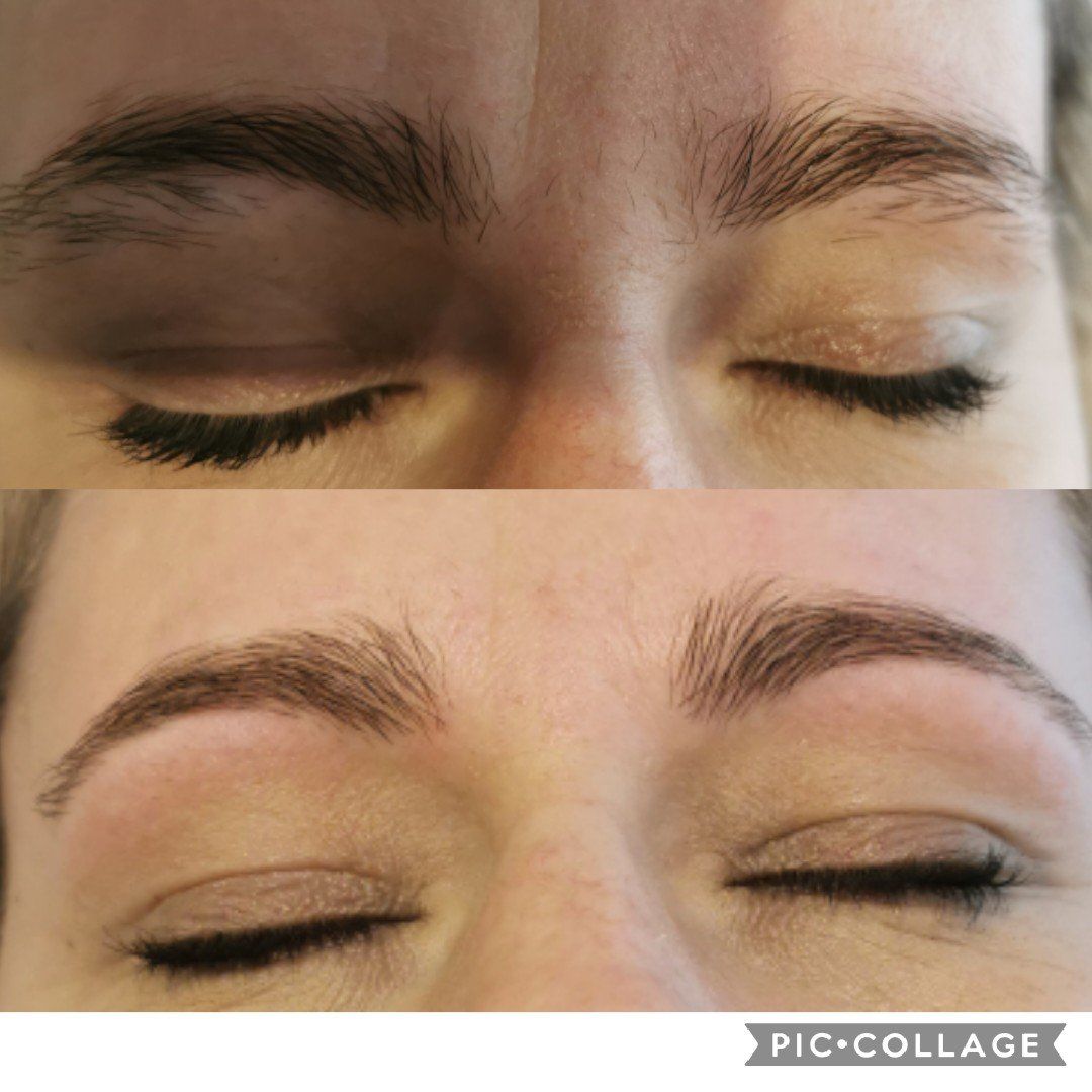 A before and after picture of a woman 's eyebrows.