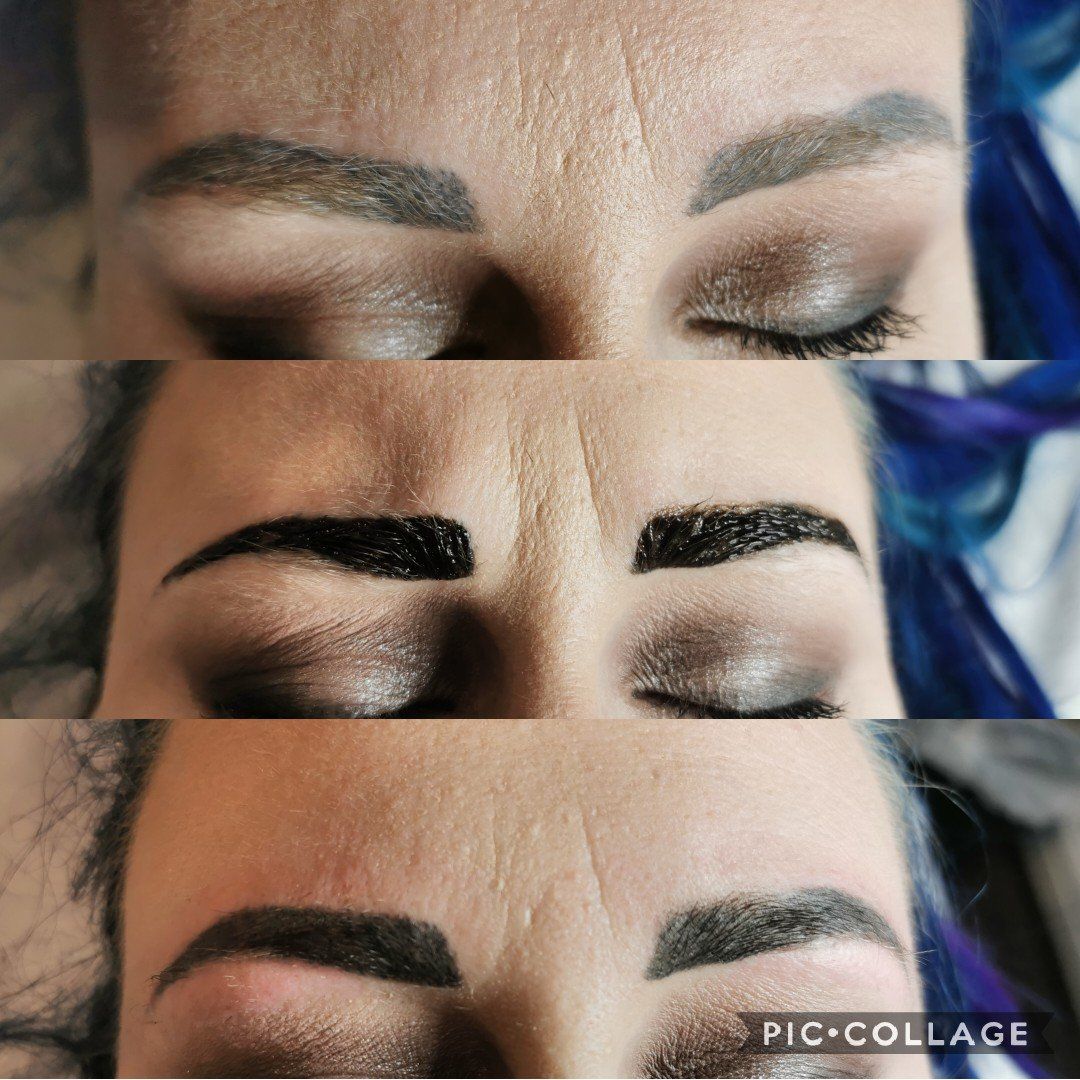 A collage of three pictures of a woman 's eyebrows