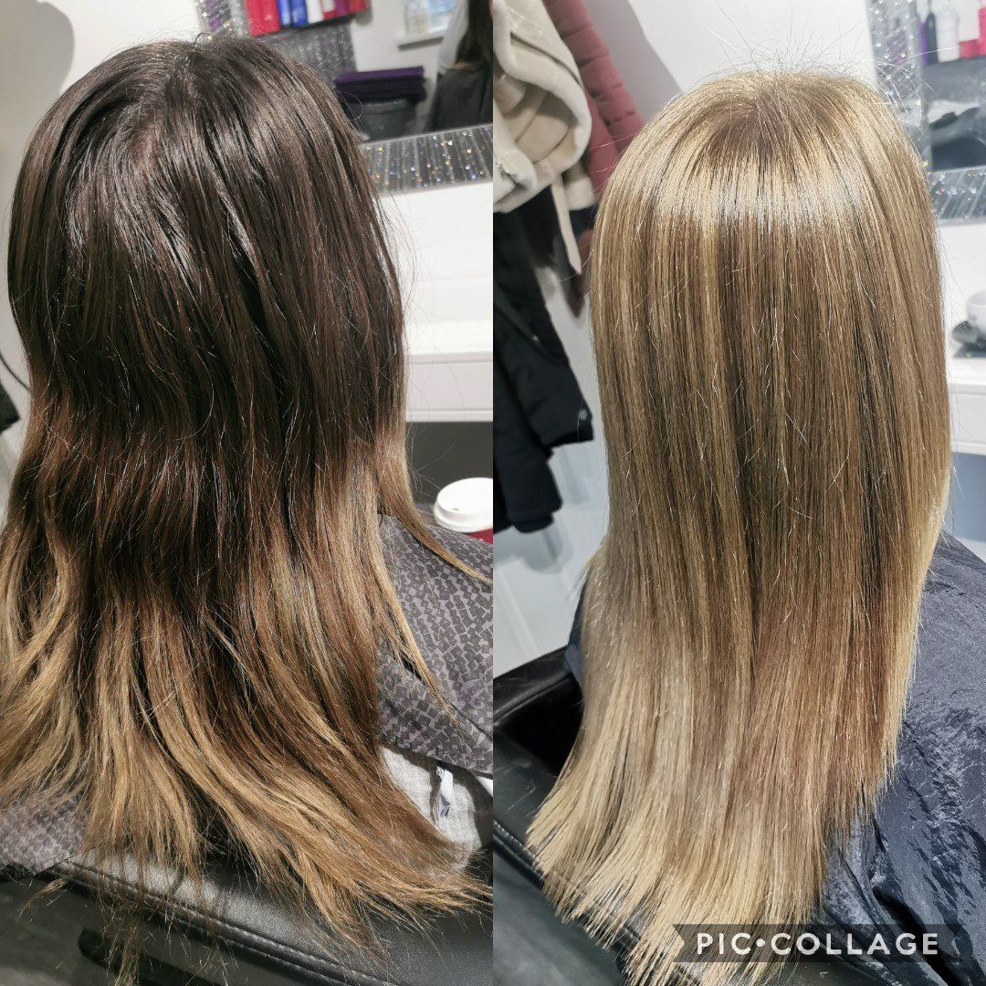 A before and after photo of a woman 's hair