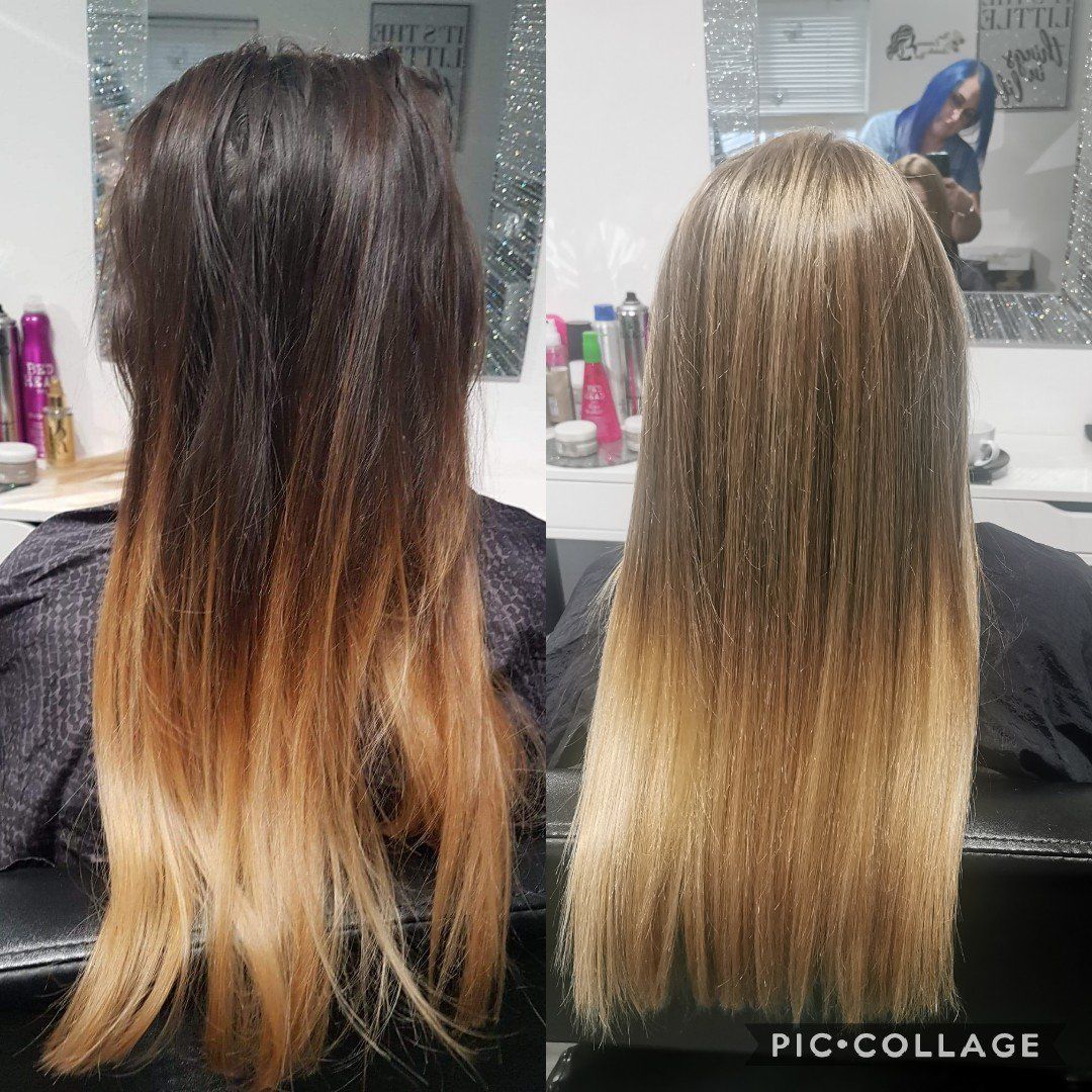 A before and after photo of a woman 's hair in a salon.